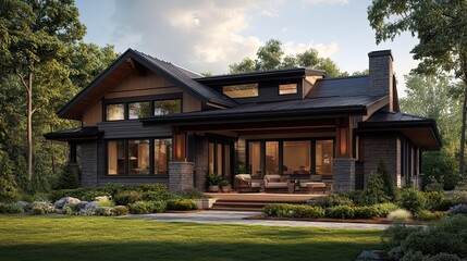 Exterior view of a modern house with a stone chimney and a covered patio in a wooded area