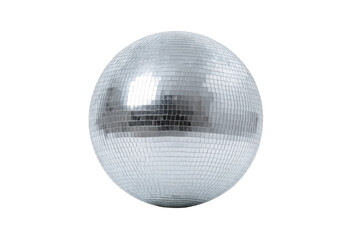 Glossy mirror disco ball with reflective tiles isolated on black background, cut out