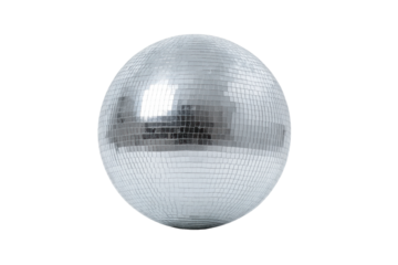 Glossy mirror disco ball with reflective tiles isolated on black background, cut out
