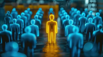 Fototapeta premium A golden figure stands out among blue ones, a powerful visual of leadership and uniqueness.