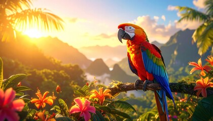 Vibrant Scarlet Macaw Perched on Tropical Branch at Sunset – Colorful Exotic Parrot in Jungle Landscape
