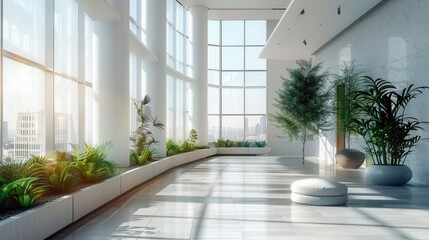 Fototapeta premium Modern interior of a building with big windows, plants, natural light and city view.