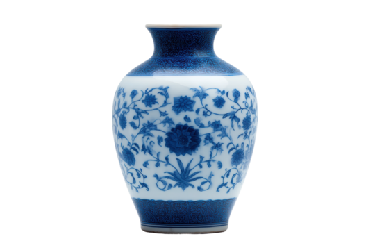 Elegant blue and white porcelain vase with floral patterns, cut out