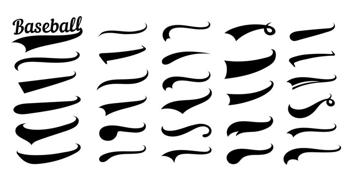 Swooshes text tails for baseball design. Sports swash underline shapes set in retro style. Swish typography font elements for athletics, baseball, football decoration. Black swirl vector line.