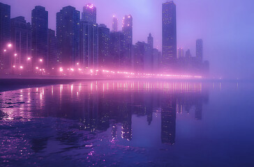 Fototapeta premium Abstract Cityscape Reflection In Water At Night With Purple And Pink Tones