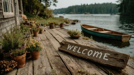 Rustic Lakefront Cottage Dock with Welcome Sign