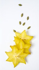 Sliced Starfruit Arranged in Fan Pattern with Cardamom Pods on Isolated White Background Composition