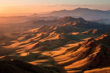 Naklejka premium Golden Sunset Over Rolling Desert Hills and Mountains