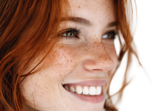 Young caucasian female with freckles smiling cheerfully, cut out
