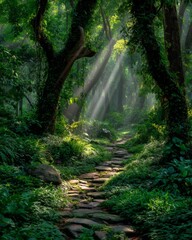 Obraz premium Sunlit Forest Path Stone Steps Lush Green Foliage