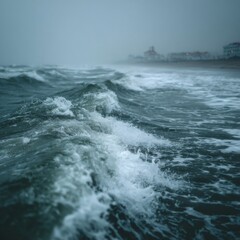 Fototapeta premium Turbulent Ocean Waves Crashing on a Misty Shore