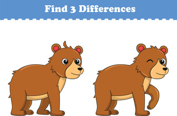 Education game for children find three differences between two bear cartoon. Vector illustration