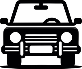 Stylized vector illustration of a classic or vintage car seen from the front, featuring bold black lines and simplified detailing such as circular headlights, grille, bumper, and steering wheel. 