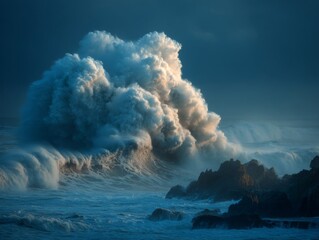 Fototapeta premium Dramatic Ocean Wave Crashing Against Rocks