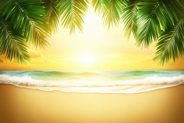 Tropical beach scene at sunrise. Lush palm fronds frame a golden sunrise over a tranquil ocean. Soft waves gently lap on the sandy shore