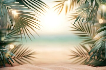 Tropical beach scene with sunbeams and palm leaves