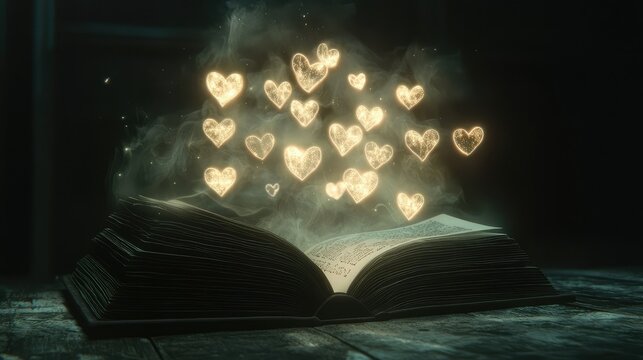 A cloud of hearts gently floating and levitating, originating from an open book with an ethereal glow.