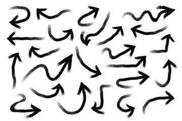 Bold grunge black arrows silhouettes pointing in various different directions with strong brush strokes, grunge arrow brush sketch vector set
