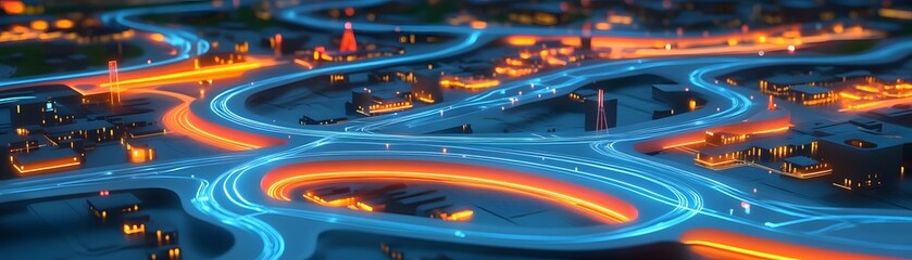 Cityscape with illuminated network pathways.