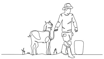 Continuous Line Art Man  Carrying  Goat, Minimalist Vector Illustration on Isolated Background for Poster Decoration, Farm, and Eid al-Adha