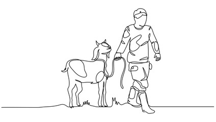 Continuous Line Art Man  Carrying  Goat, Minimalist Vector Illustration on Isolated Background for Poster Decoration, Farm, and Eid al-Adha
