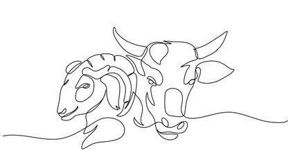 Continuous Line Art of Goat And Cow Head with Horns – Vector Minimalist Logo, Decoration, and Livestock Business Illustration
