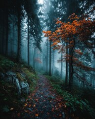Obraz premium Autumnal Forest Path Shrouded in Fog