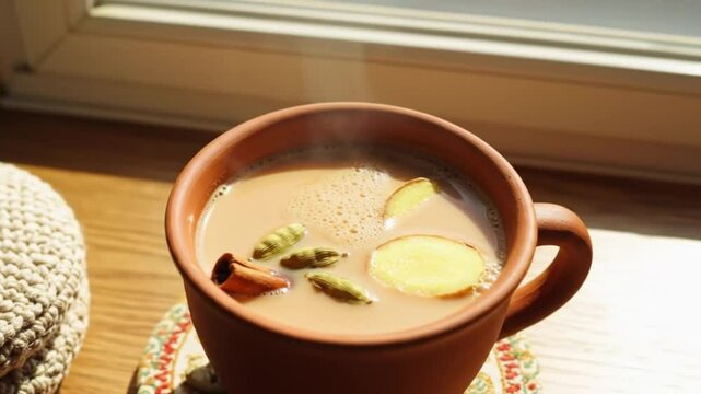 A close up of a mug of chai tea with ginger and cardamon on a wooden table near a window and coasters
