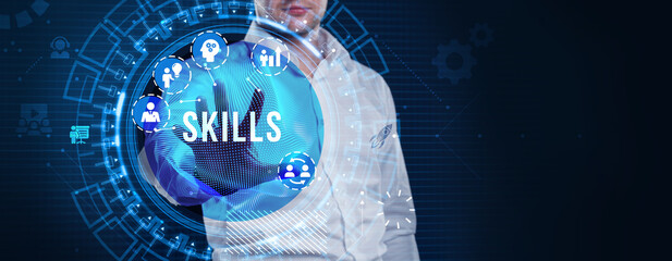 Plakat Coach motivation to skills improvement. Education concept. Training. Leadership skills. Human abilities.