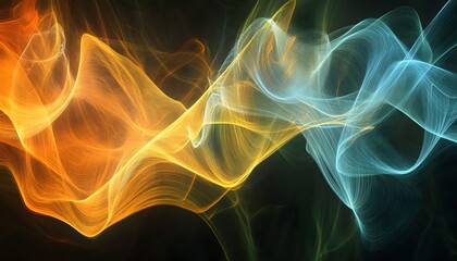 Abstract design of swirling, luminous forms in shades of orange and teal.