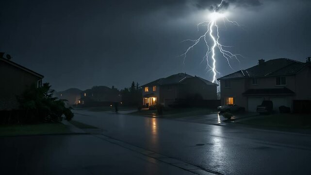 Dramatic Nighttime Lightning Strike Over Suburban Neighborhood