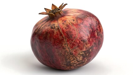 This image displays a red, ripe, and juicy pomegranate, a healthy fruit, isolated on a clean white background, likely a closeup for food or diet purposes, showcasing its natural freshness