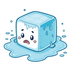 A cute, kawaii ice cube, visibly melting, expresses anxiety with a distressed, blue-tinged expression.  Clean, simple background.