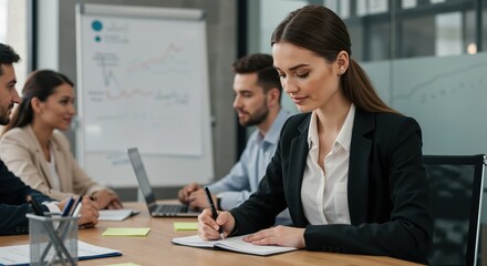 Businesswoman taking notes during meeting in modern office setting  