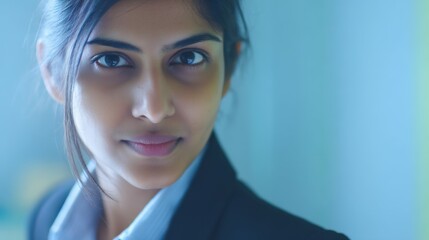 Indian businesswoman in suit, office background, cinematic office background, looking at camera,