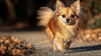 Adorable, reddish-tan Chihuahua running on path