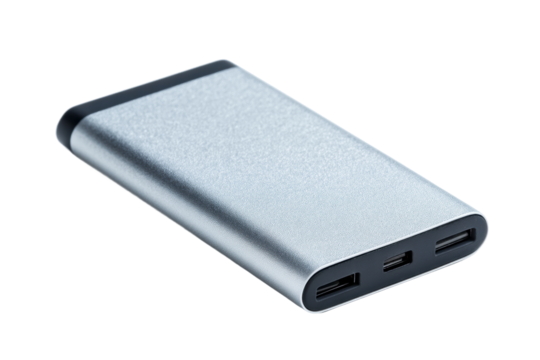 Compact silver power bank with multiple usb ports for charging devices, cut out