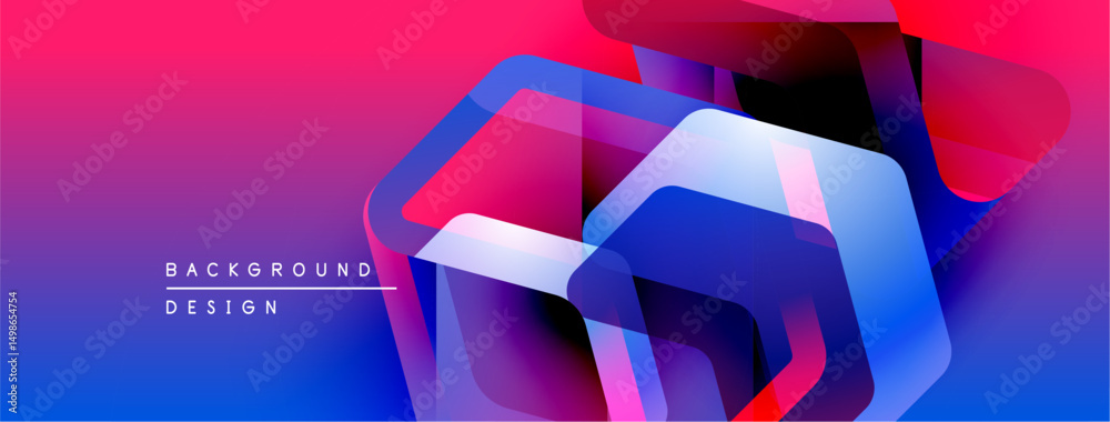 Poster abstract geometric shapes overlap, creating vibrant gradient effect. blue, pink, purple hues dominat
