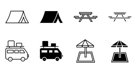 outdoor camping, recreation icon set