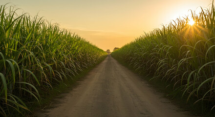 Sunset over sugarcane fields dirt road rural landscape idyllic scene golden hour nature photography