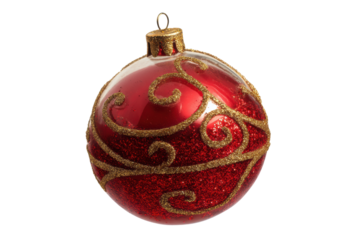 Festive red christmas ornament with gold glitter swirls on white background, cut out