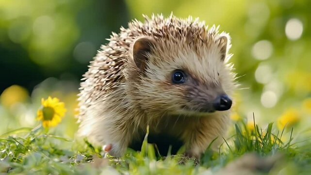 Close Up of an Adorable Hedgehog in a Green Garden
