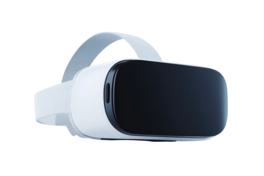 Innovative black and white virtual reality headset with adjustable strap, cut out