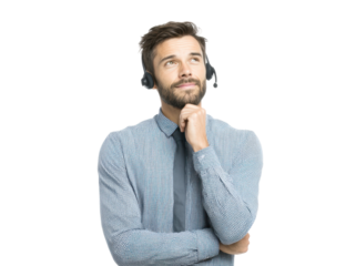 Young caucasian male customer service representative in thoughtful pose with headset, cut out