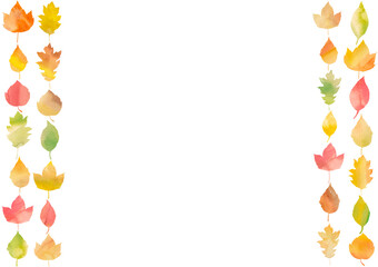カラフルな可愛い落ち葉で作った秋のフレーム
。水彩イラスト。