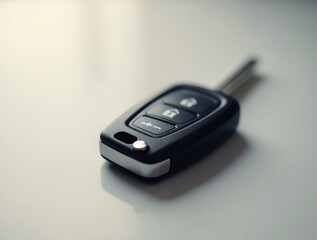 A sharp close-up of a car key fob resting on a blank surface