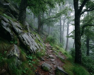 Obraz premium Misty Forest Path Winding Through Green Hills