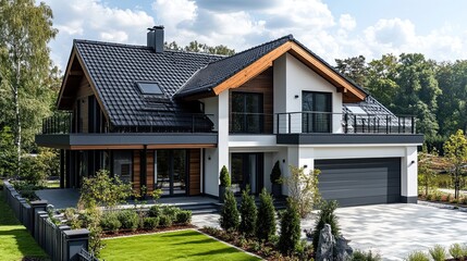 Modern house with black roof and balcony surrounded by trees and green lawn on a sunny day