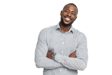 Smiling african american male adult in striped shirt with arms crossed, cut out