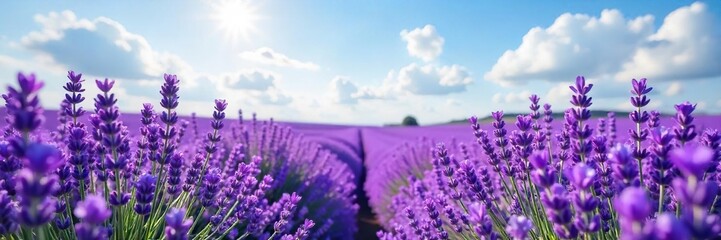 Obraz premium A field of fragrant lavender blossoms under a summer sky, vibrant purple hues filling the frame Perfect for relaxation, spa, and aromatherapy themes , herbal, natural, lavender essence